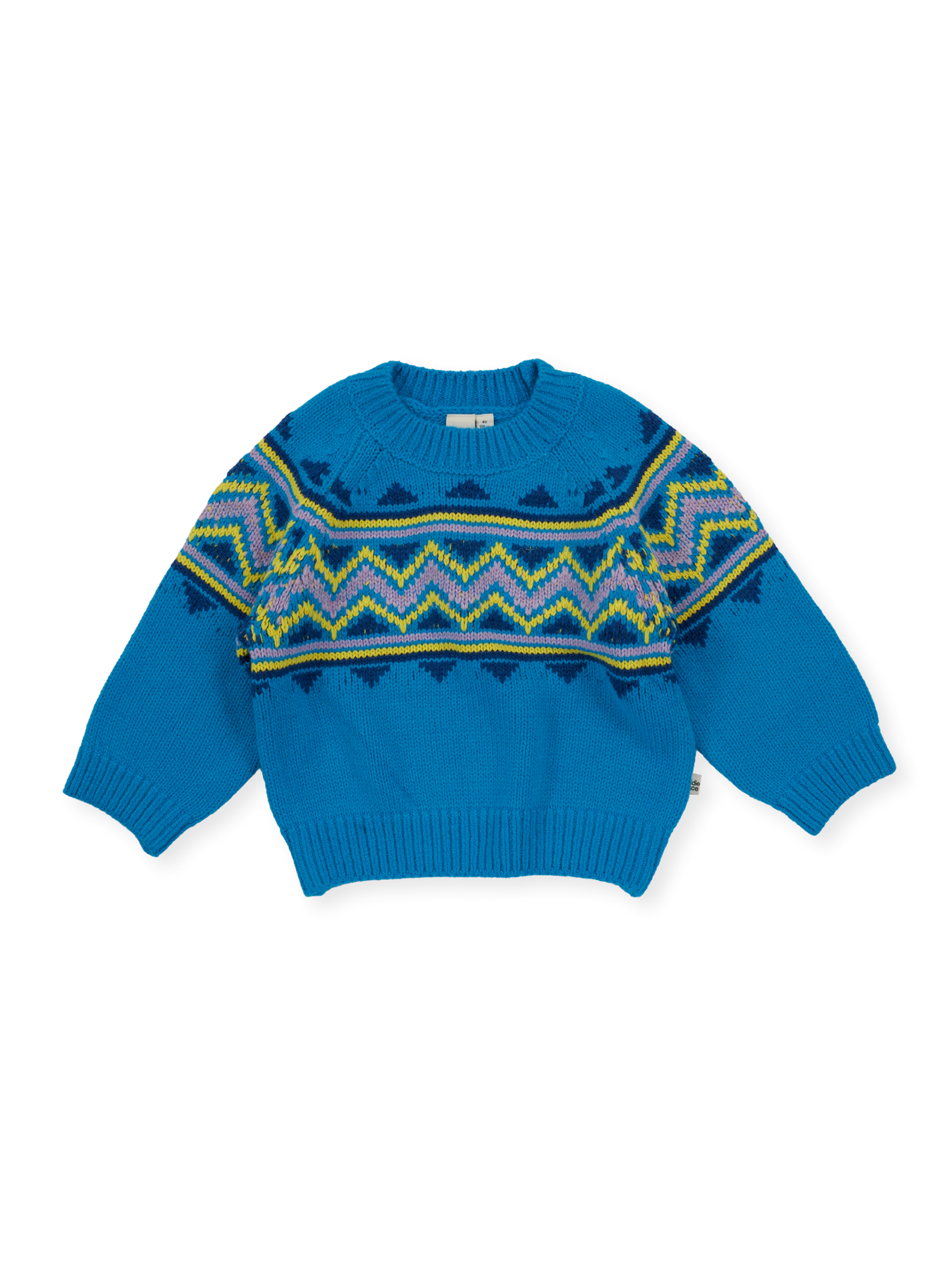 The Goldie + Ace Apres Ski Knit Jumper in Blue pictured on a transparent background. The material is 70% acrylic 15% nylon 15% wool. It is a knit made for babies, toddlers and kids.