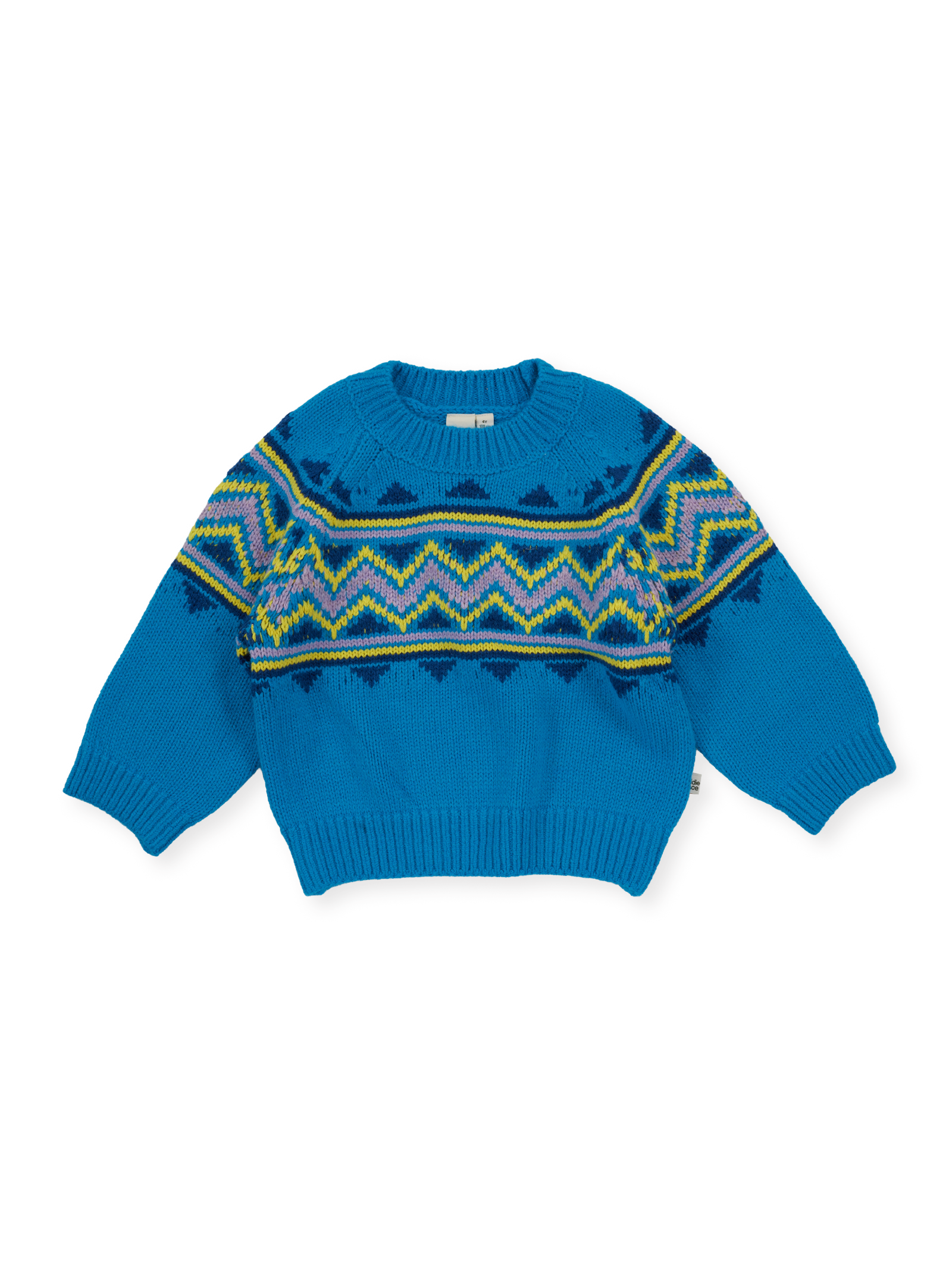 The Goldie + Ace Apres Ski Knit Jumper in Blue pictured on a transparent background. The material is 70% acrylic 15% nylon 15% wool. It is a knit made for babies, toddlers and kids.