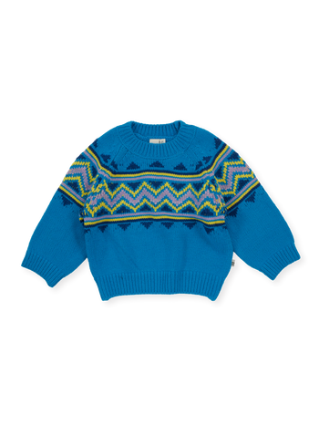 The Goldie + Ace Apres Ski Knit Jumper in Blue pictured on a transparent background. The material is 70% acrylic 15% nylon 15% wool. It is a knit made for babies, toddlers and kids.