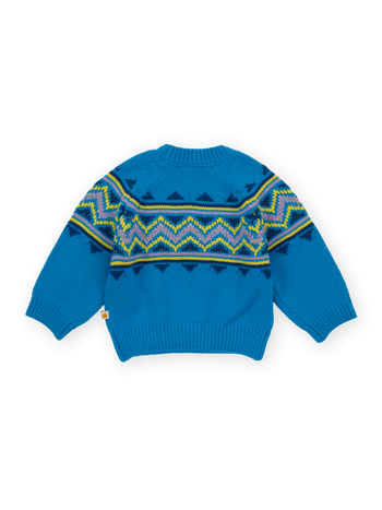 The Goldie + Ace Apres Ski Knit Jumper in Blue pictured on a transparent background. The material is 70% acrylic 15% nylon 15% wool. It is a knit made for babies, toddlers and kids.