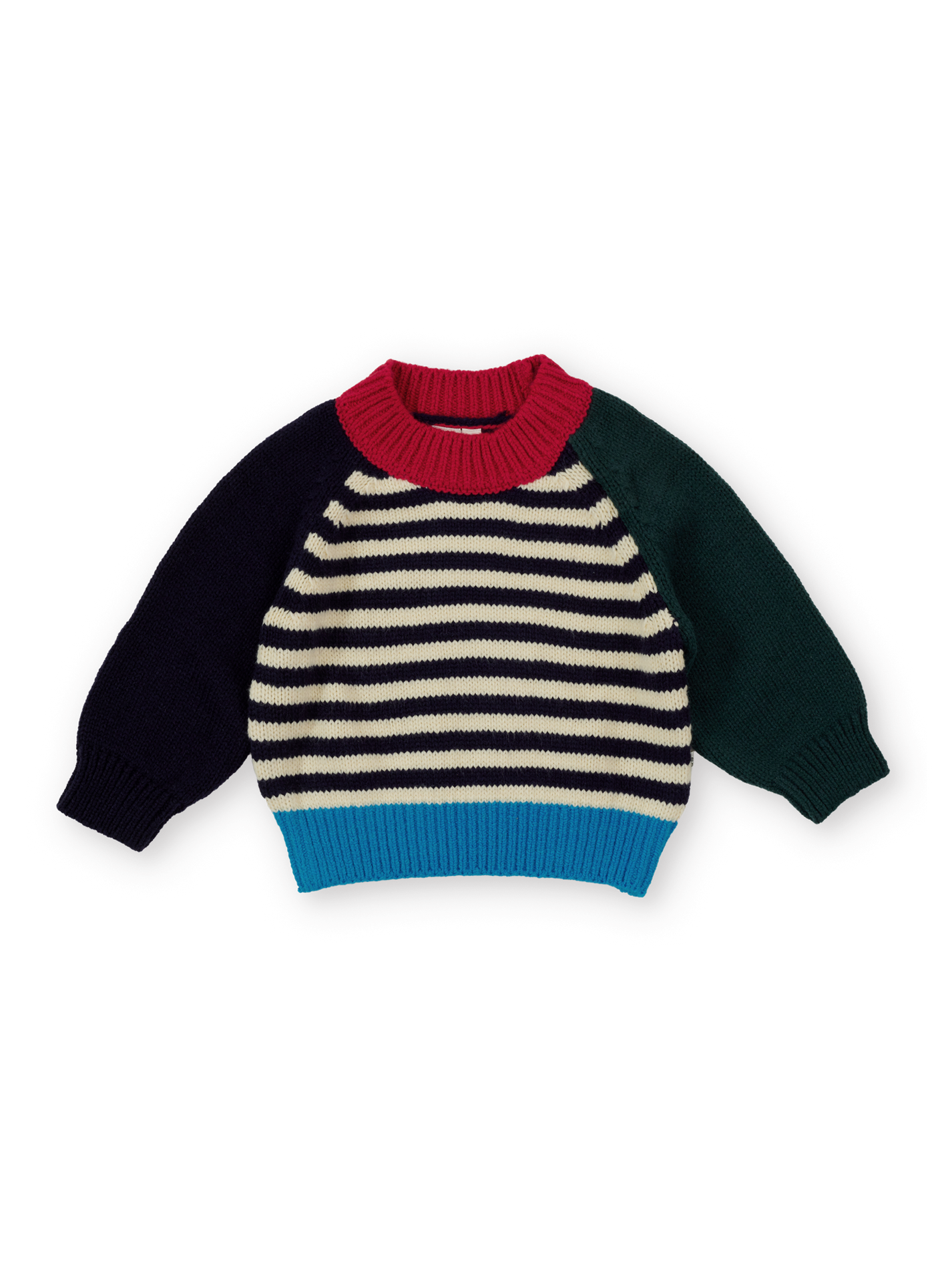 The Goldie + Ace Marley Chunky Knit Jumper in Primary Stripe pictured on a transparent background. The material is 70% acrylic 15% nylon 15% wool. It is a knit made for babies, toddlers and kids.