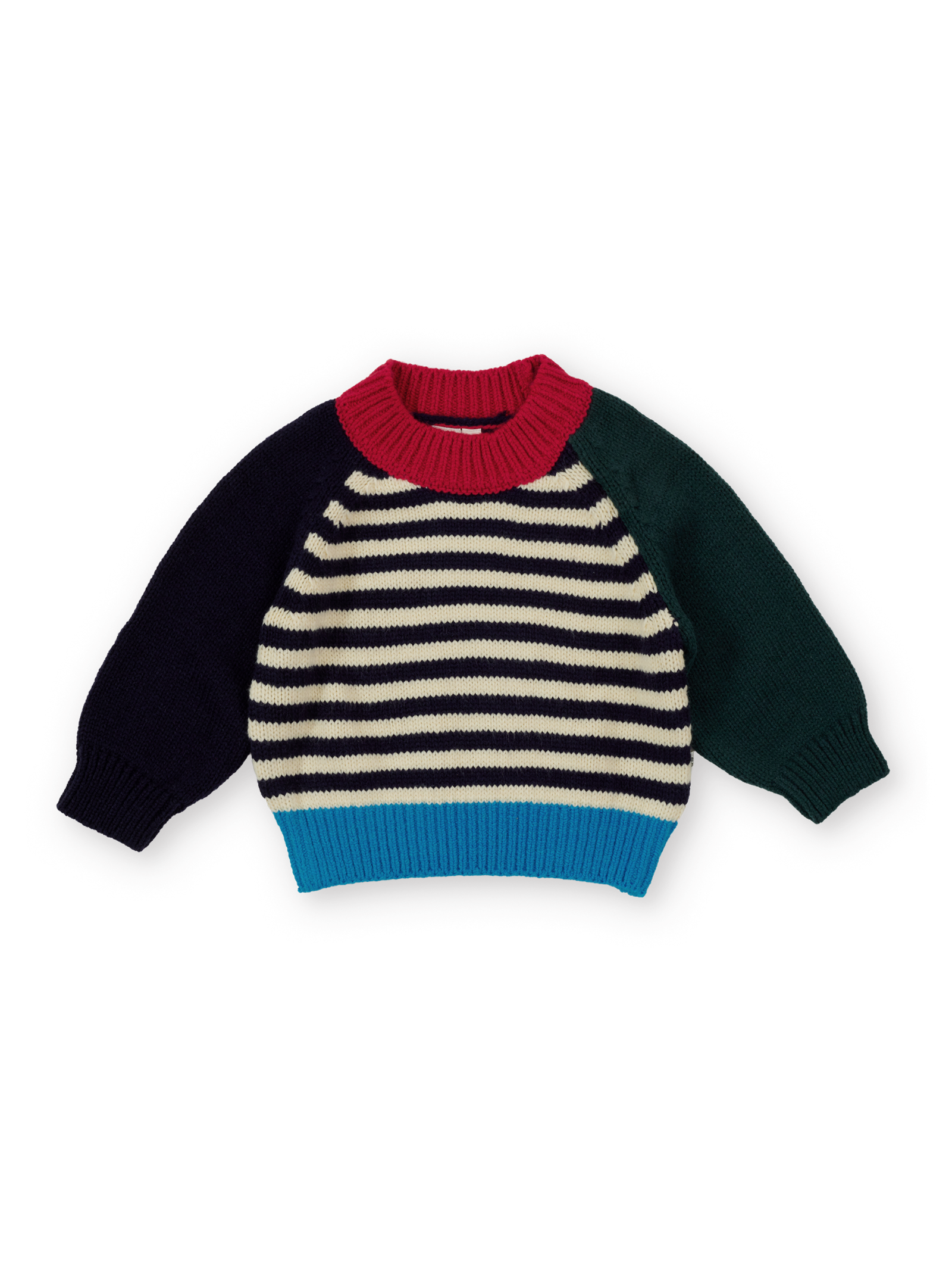 The Goldie + Ace Marley Chunky Knit Jumper in Primary Stripe pictured on a transparent background. The material is 70% acrylic 15% nylon 15% wool. It is a knit made for babies, toddlers and kids.