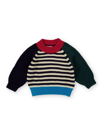The Goldie + Ace Marley Chunky Knit Jumper in Primary Stripe pictured on a transparent background. The material is 70% acrylic 15% nylon 15% wool. It is a knit made for babies, toddlers and kids.