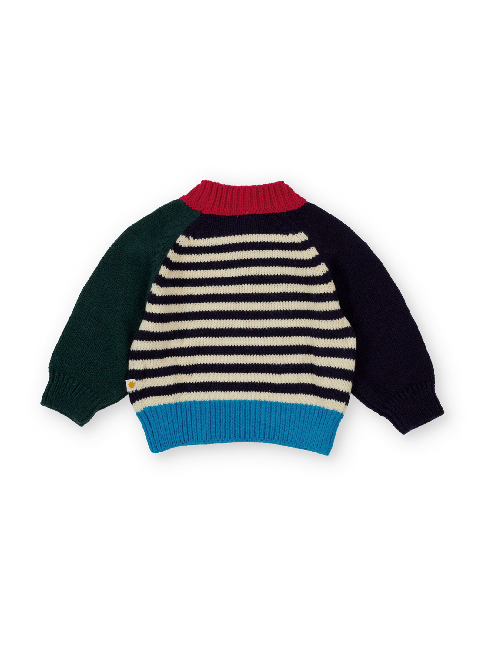 The Goldie + Ace Marley Chunky Knit Jumper in Primary Stripe pictured on a transparent background. The material is 70% acrylic 15% nylon 15% wool. It is a knit made for babies, toddlers and kids.