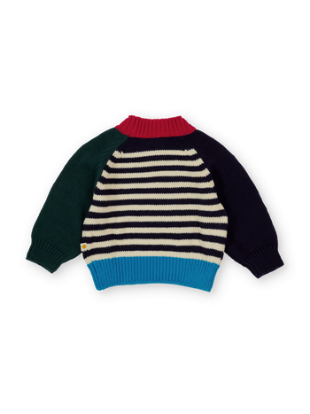 The Goldie + Ace Marley Chunky Knit Jumper in Primary Stripe pictured on a transparent background. The material is 70% acrylic 15% nylon 15% wool. It is a knit made for babies, toddlers and kids.