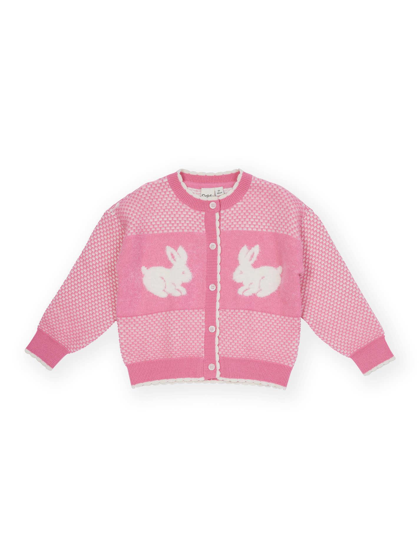 The Goldie + Ace Bunny Knit Cardigan in Pink pictured on a transparent background. The material is 15% wool 47%acrylic 43% nylon. It is a knit made for babies, toddlers and kids.