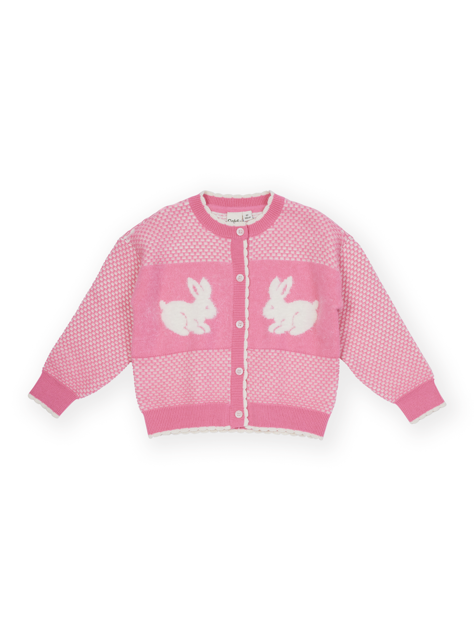 The Goldie + Ace Bunny Knit Cardigan in Pink pictured on a transparent background. The material is 15% wool 47%acrylic 43% nylon. It is a knit made for babies, toddlers and kids.