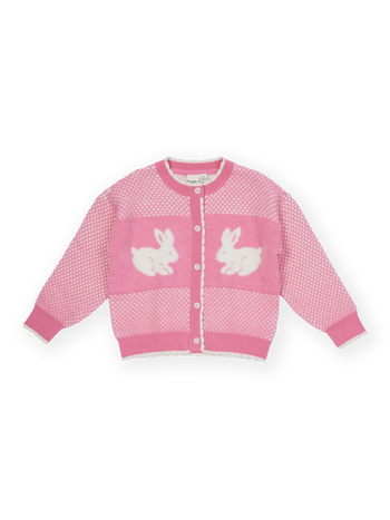 The Goldie + Ace Bunny Knit Cardigan in Pink pictured on a transparent background. The material is 15% wool 47%acrylic 43% nylon. It is a knit made for babies, toddlers and kids.