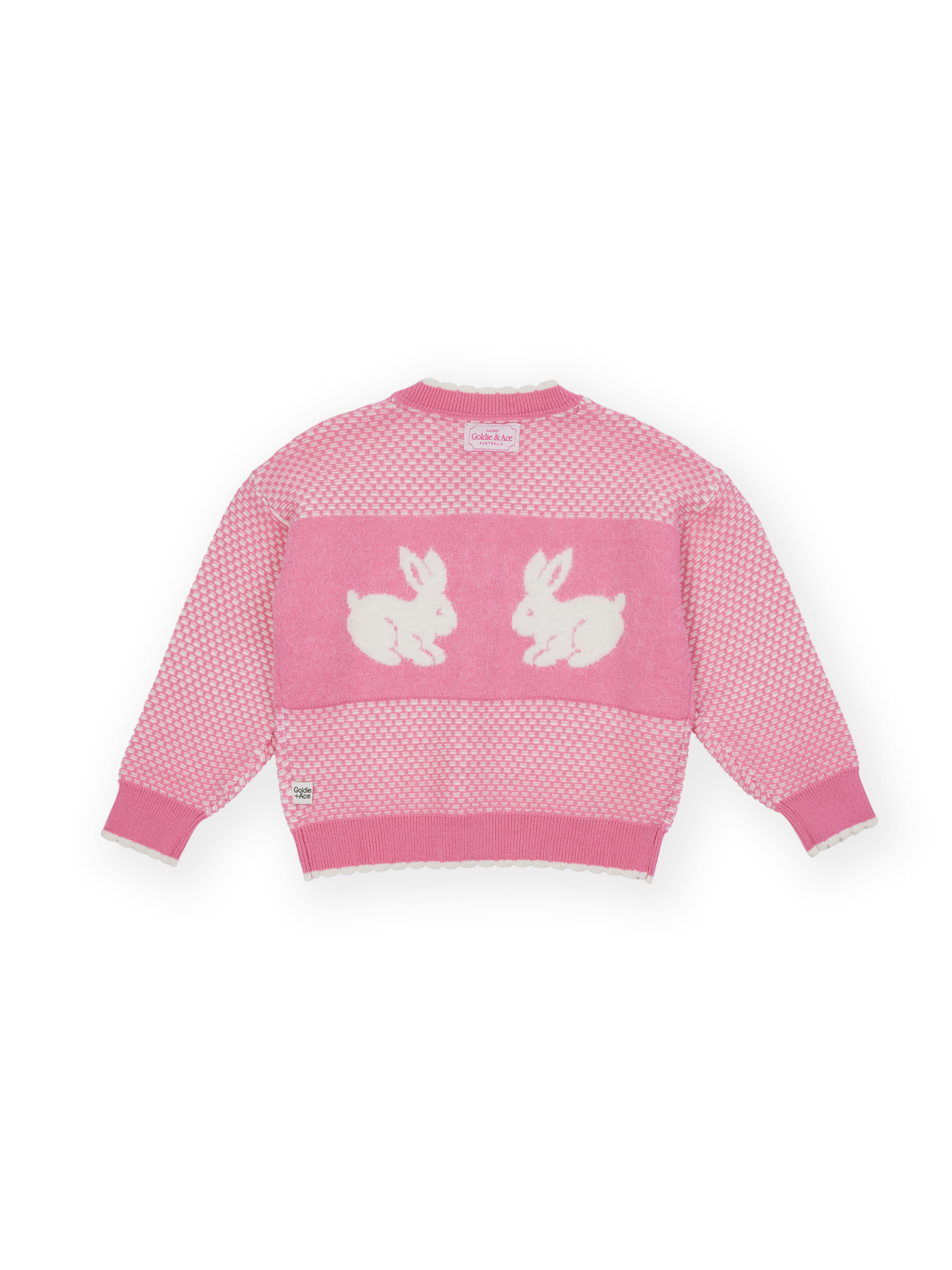 The Goldie + Ace Bunny Knit Cardigan in Pink pictured on a transparent background. The material is 15% wool 47%acrylic 43% nylon. It is a knit made for babies, toddlers and kids.