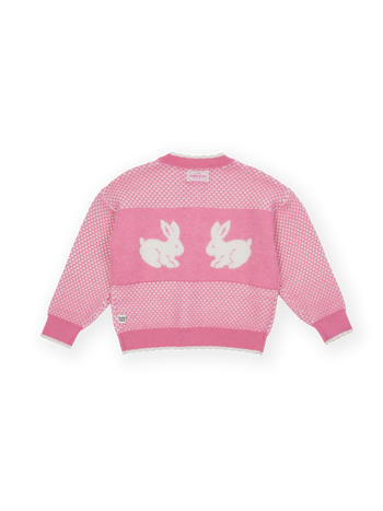 The Goldie + Ace Bunny Knit Cardigan in Pink pictured on a transparent background. The material is 15% wool 47%acrylic 43% nylon. It is a knit made for babies, toddlers and kids.