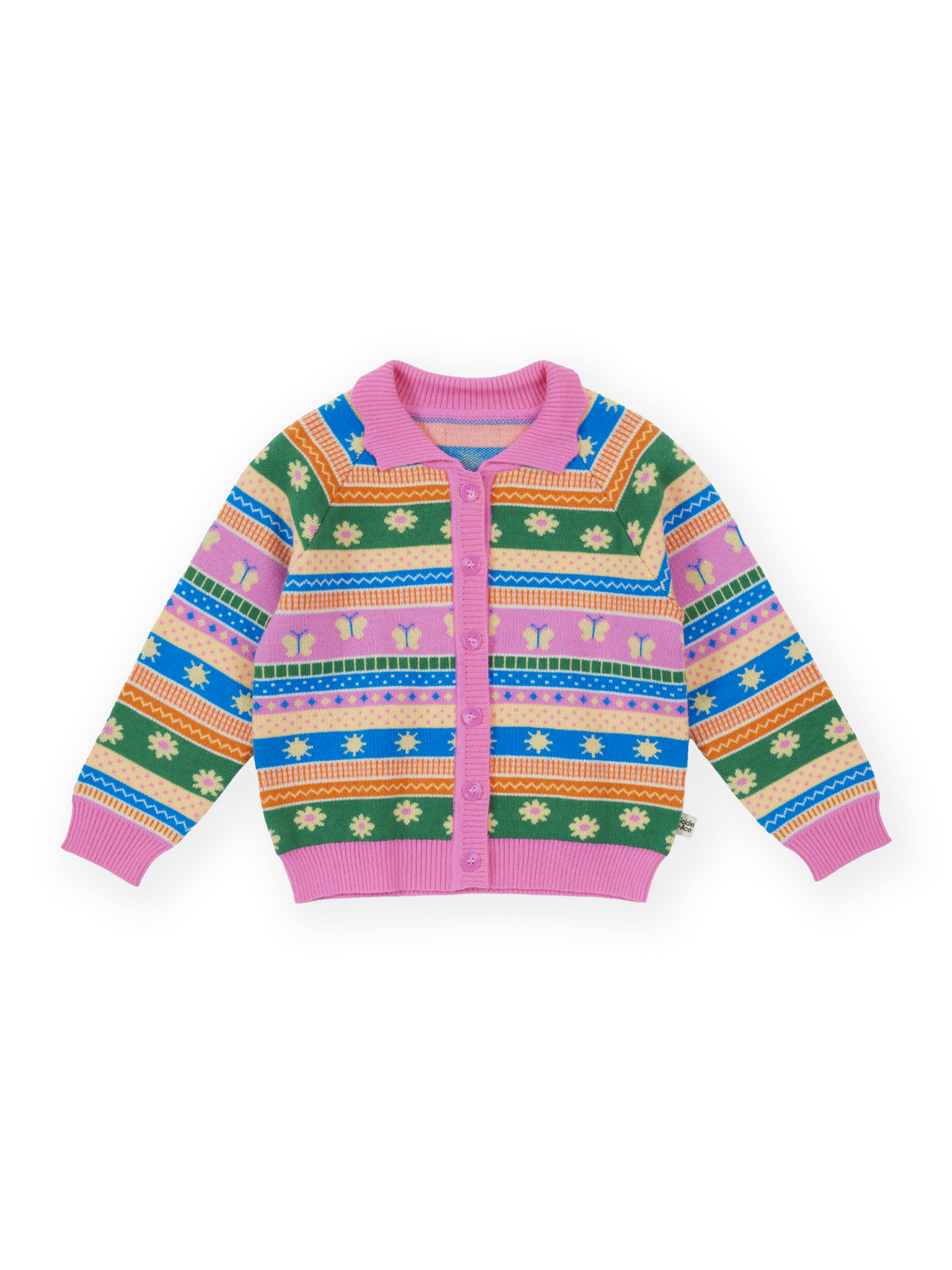 The Goldie + Ace Flutter By Knit Cardigan in Pink pictured on a transparent background. The material is 15% wool, 47% acrylic, 43% nylon. It is a knit made for babies, toddlers and kids.