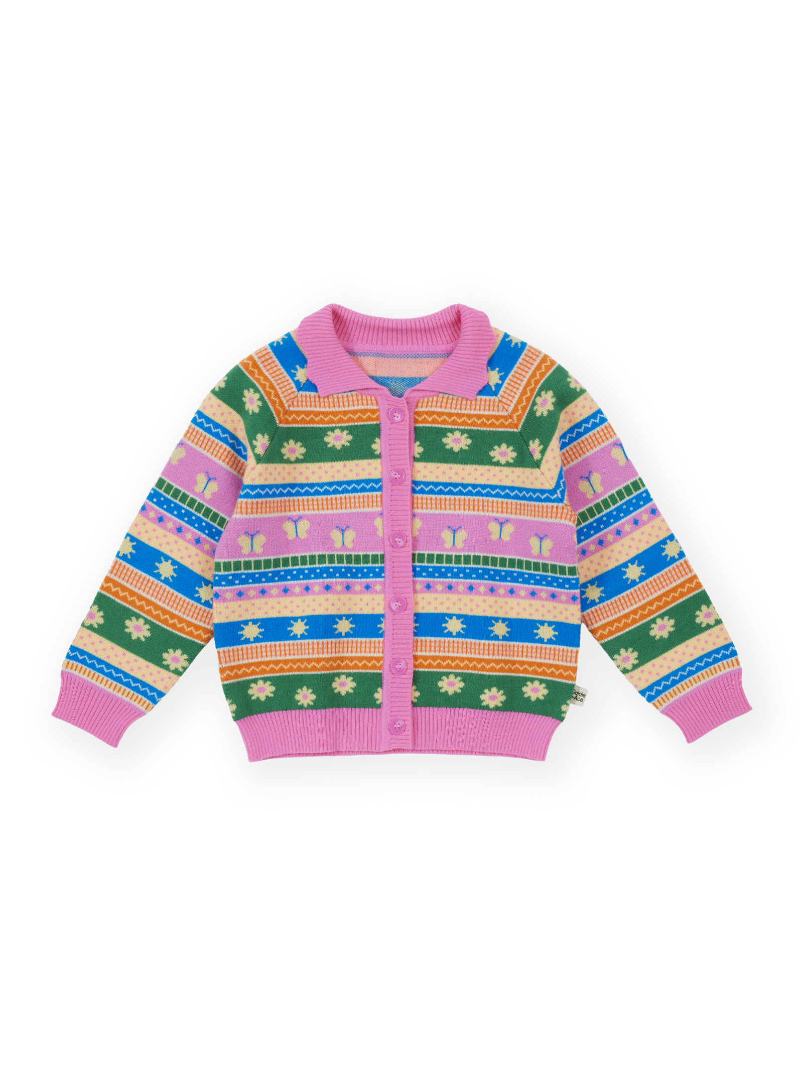 The Goldie + Ace Flutter By Knit Cardigan in Pink pictured on a transparent background. The material is 15% wool, 47% acrylic, 43% nylon. It is a knit made for babies, toddlers and kids.