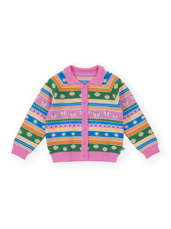 The Goldie + Ace Flutter By Knit Cardigan in Pink pictured on a transparent background. The material is 15% wool, 47% acrylic, 43% nylon. It is a knit made for babies, toddlers and kids.