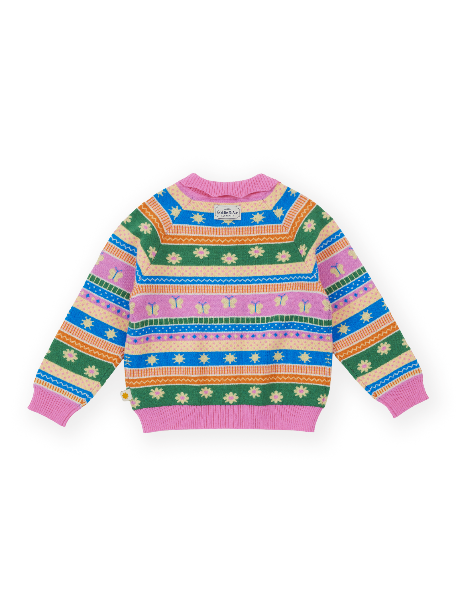 The Goldie + Ace Flutter By Knit Cardigan in Pink pictured on a transparent background. The material is 15% wool, 47% acrylic, 43% nylon. It is a knit made for babies, toddlers and kids.