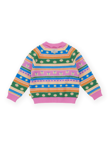 The Goldie + Ace Flutter By Knit Cardigan in Pink pictured on a transparent background. The material is 15% wool, 47% acrylic, 43% nylon. It is a knit made for babies, toddlers and kids.