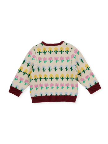 The Goldie + Ace Flower Garden Knit Jumper in Cream pictured on a transparent background. The material is 15% wool, 47% acrylic, 43% nylon. It is a knit made for babies, toddlers and kids.