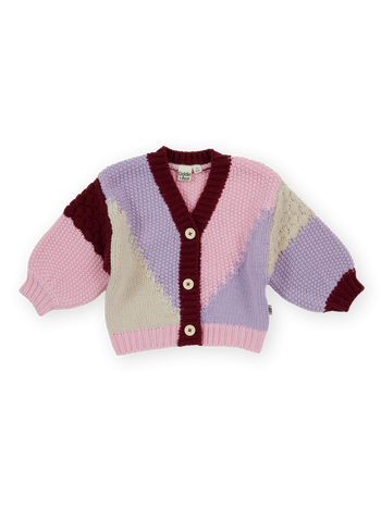 The Goldie + Ace Colour Block Knit Cardigan in Pink & Purple pictured on a transparent background. The material is 80% acrylic 20% wool. It is a knit made for babies, toddlers and kids.