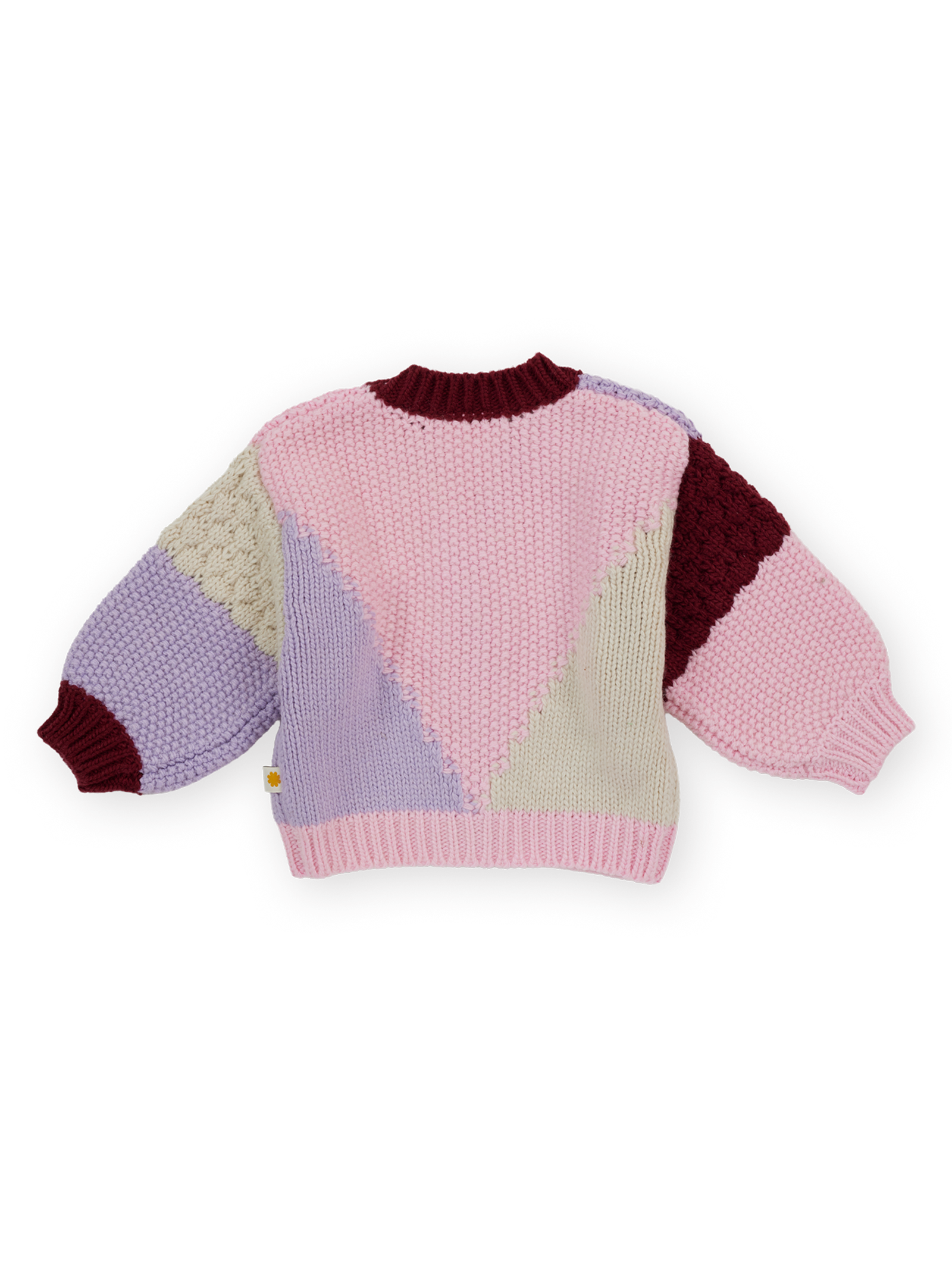 The Goldie + Ace Colour Block Knit Cardigan in Pink & Purple pictured on a transparent background. The material is 80% acrylic 20% wool. It is a knit made for babies, toddlers and kids.