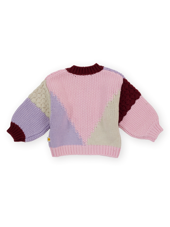 The Goldie + Ace Colour Block Knit Cardigan in Pink & Purple pictured on a transparent background. The material is 80% acrylic 20% wool. It is a knit made for babies, toddlers and kids.