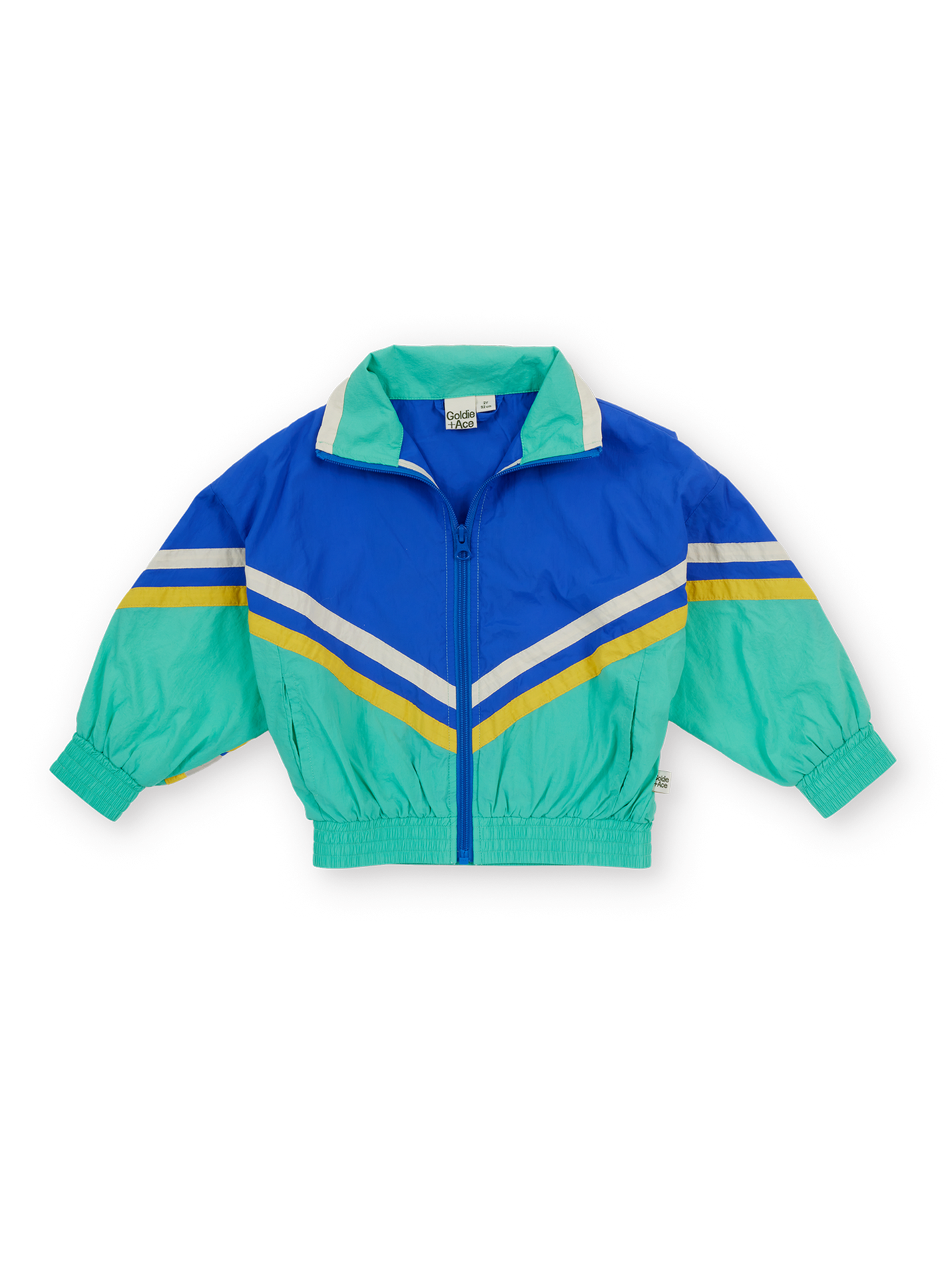 The Goldie + Ace Retro Lightweight Spray Jacket in Blue &amp; Green pictured on a transparent background. The material is 100% polyester, filling: 100% cotton. It is a jacket made for babies, toddlers and kids.