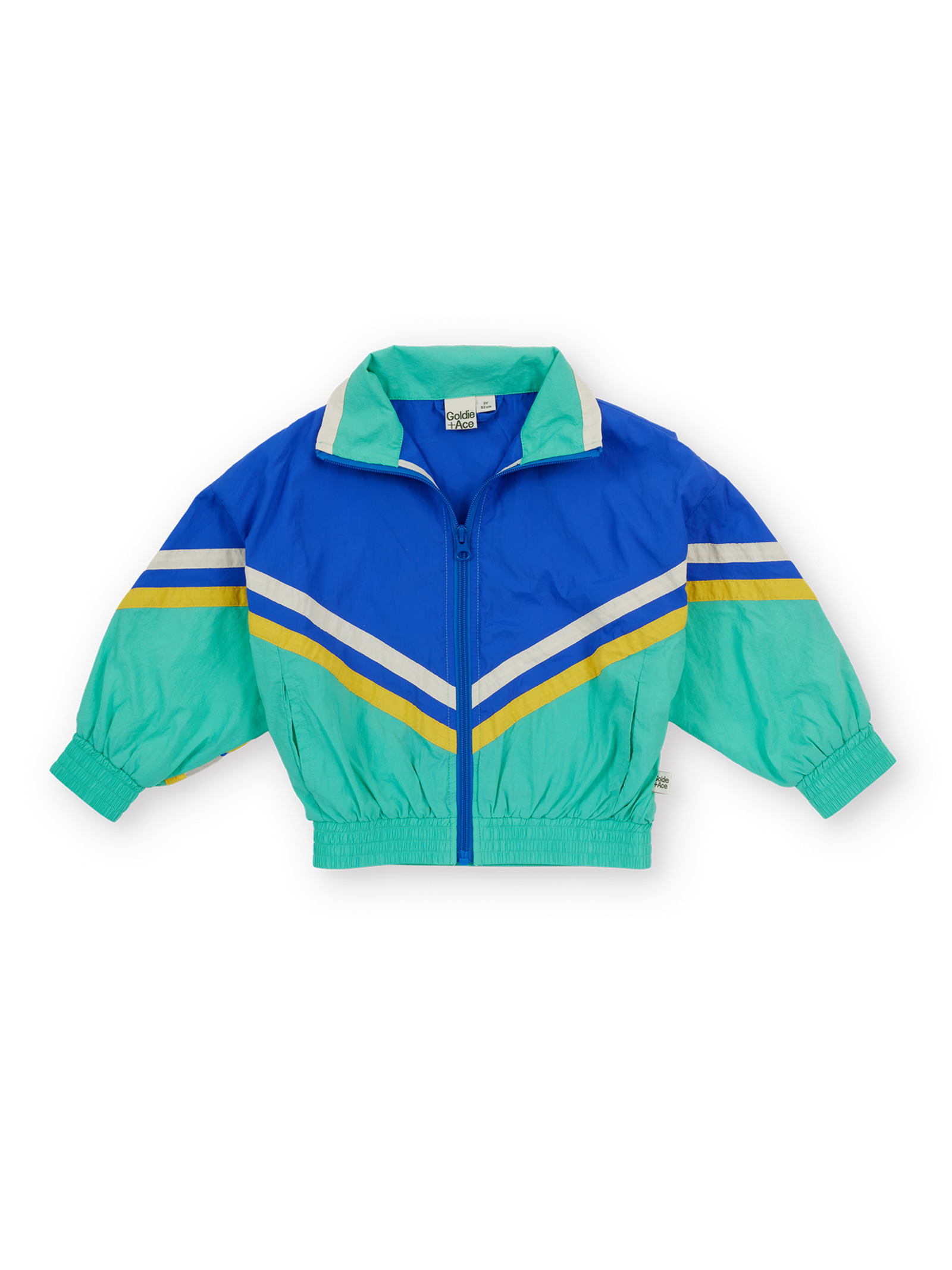 The Goldie + Ace Retro Lightweight Spray Jacket in Blue & Green pictured on a transparent background. The material is 100% polyester, filling: 100% cotton. It is a jacket made for babies, toddlers and kids.