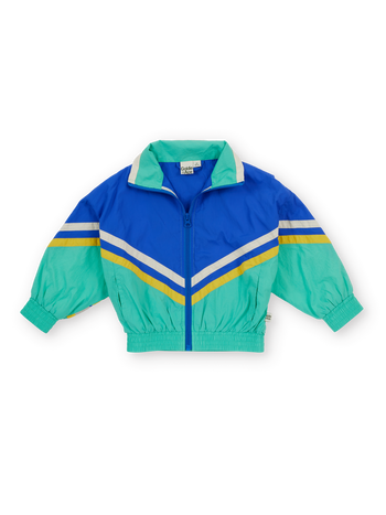 The Goldie + Ace Retro Lightweight Spray Jacket in Blue & Green pictured on a transparent background. The material is 100% polyester, filling: 100% cotton. It is a jacket made for babies, toddlers and kids.