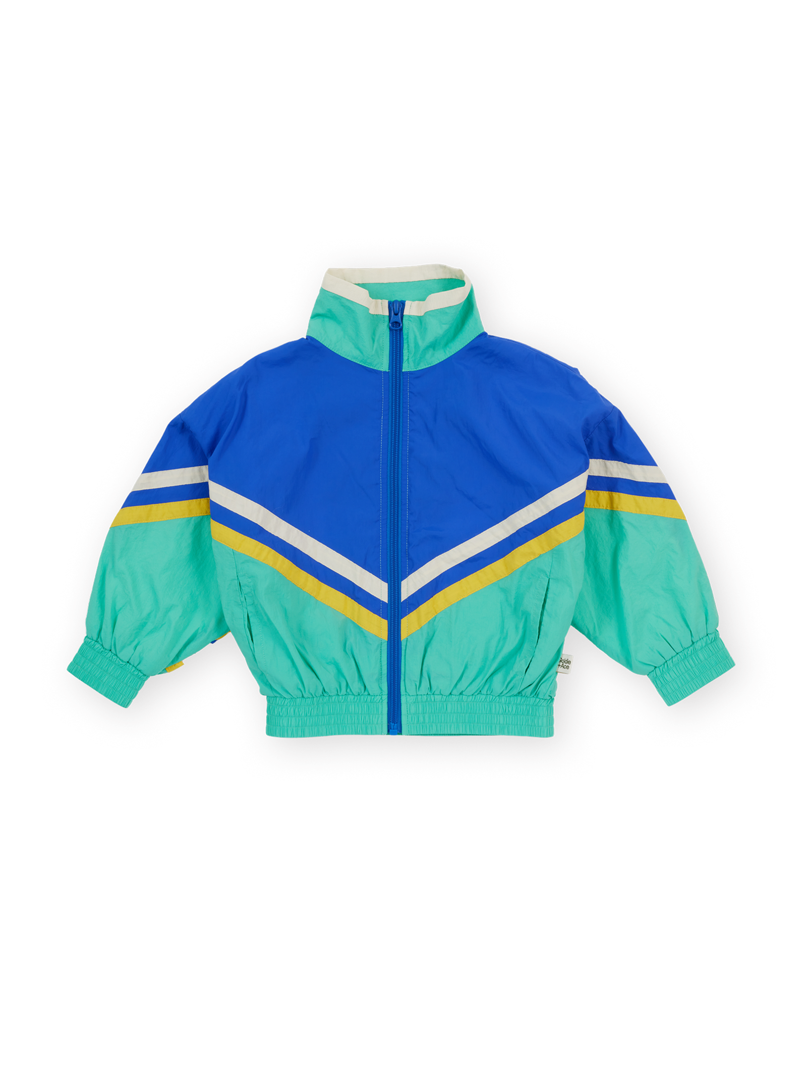 The Goldie + Ace Retro Lightweight Spray Jacket in Blue & Green pictured on a transparent background. The material is 100% polyester, filling: 100% cotton. It is a jacket made for babies, toddlers and kids.