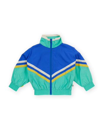The Goldie + Ace Retro Lightweight Spray Jacket in Blue & Green pictured on a transparent background. The material is 100% polyester, filling: 100% cotton. It is a jacket made for babies, toddlers and kids.