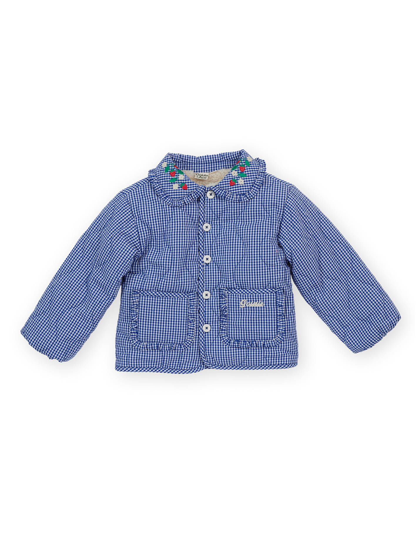 The Goldie + Ace Wild Strawberry Gingham Padded Jacket in Classic Blue pictured on a transparent background. The material is 100% cotton lining with 100% polyester filling. It is a jacket made for babies, toddlers and kids.