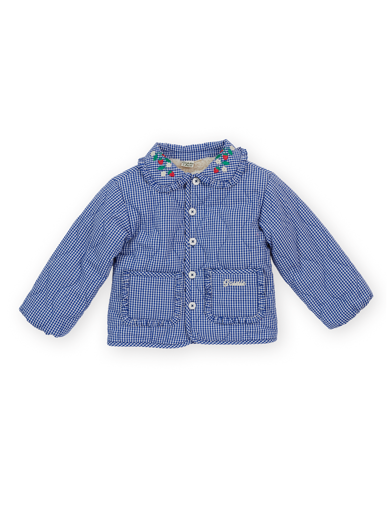 The Goldie + Ace Wild Strawberry Gingham Padded Jacket in Classic Blue pictured on a transparent background. The material is 100% cotton lining with 100% polyester filling. It is a jacket made for babies, toddlers and kids.