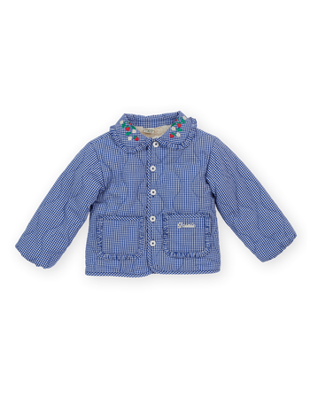 The Goldie + Ace Wild Strawberry Gingham Padded Jacket in Classic Blue pictured on a transparent background. The material is 100% cotton lining with 100% polyester filling. It is a jacket made for babies, toddlers and kids.
