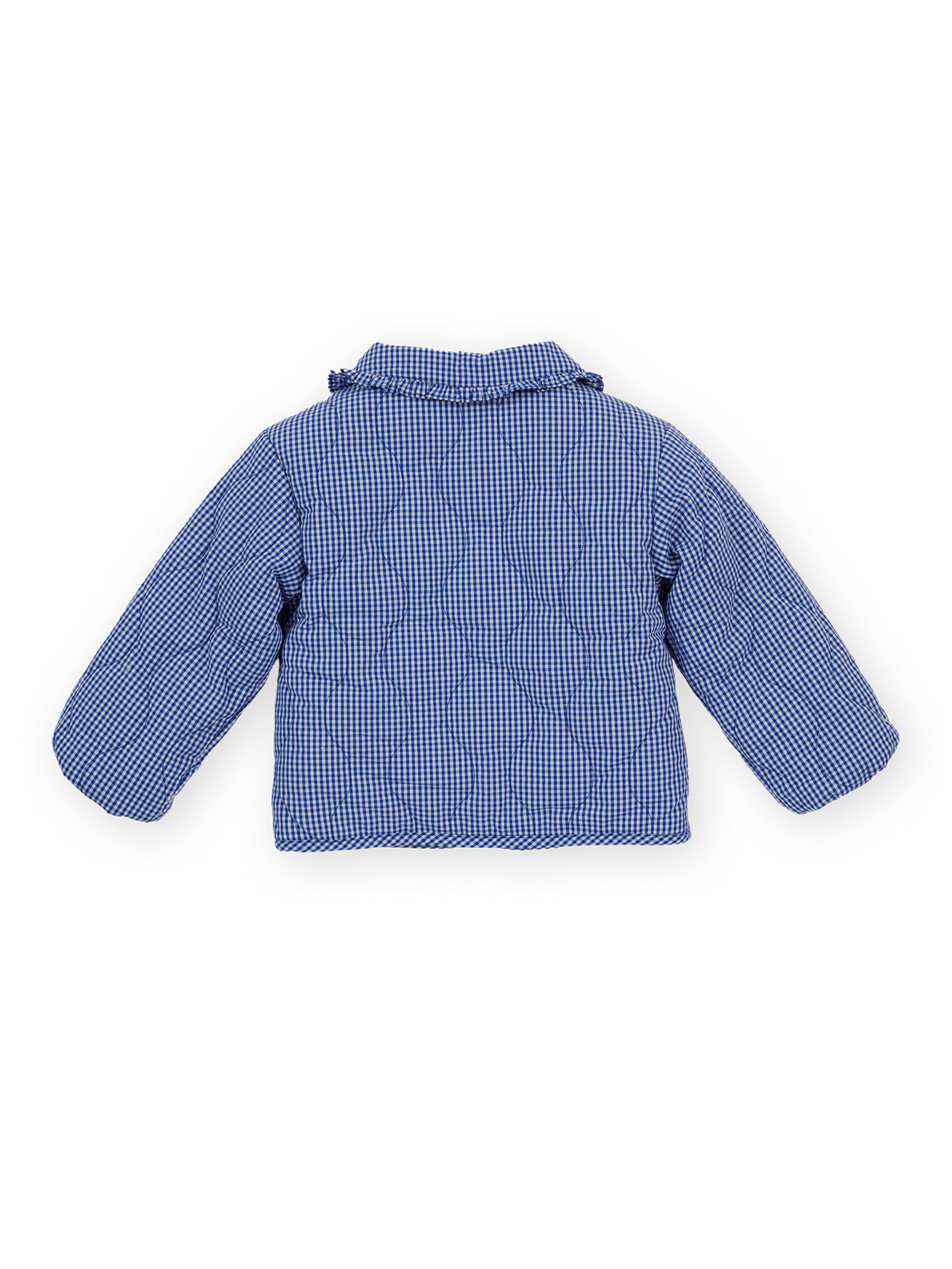 The Goldie + Ace Wild Strawberry Gingham Padded Jacket in Classic Blue pictured on a transparent background. The material is 100% cotton lining with 100% polyester filling. It is a jacket made for babies, toddlers and kids.