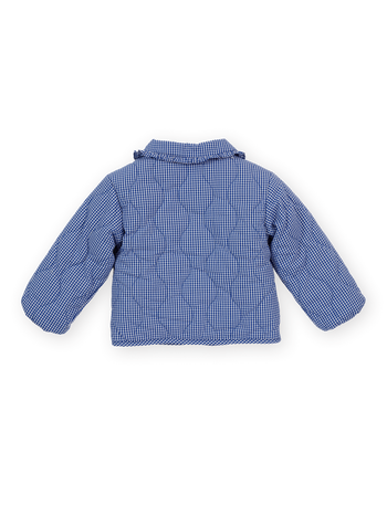The Goldie + Ace Wild Strawberry Gingham Padded Jacket in Classic Blue pictured on a transparent background. The material is 100% cotton lining with 100% polyester filling. It is a jacket made for babies, toddlers and kids.