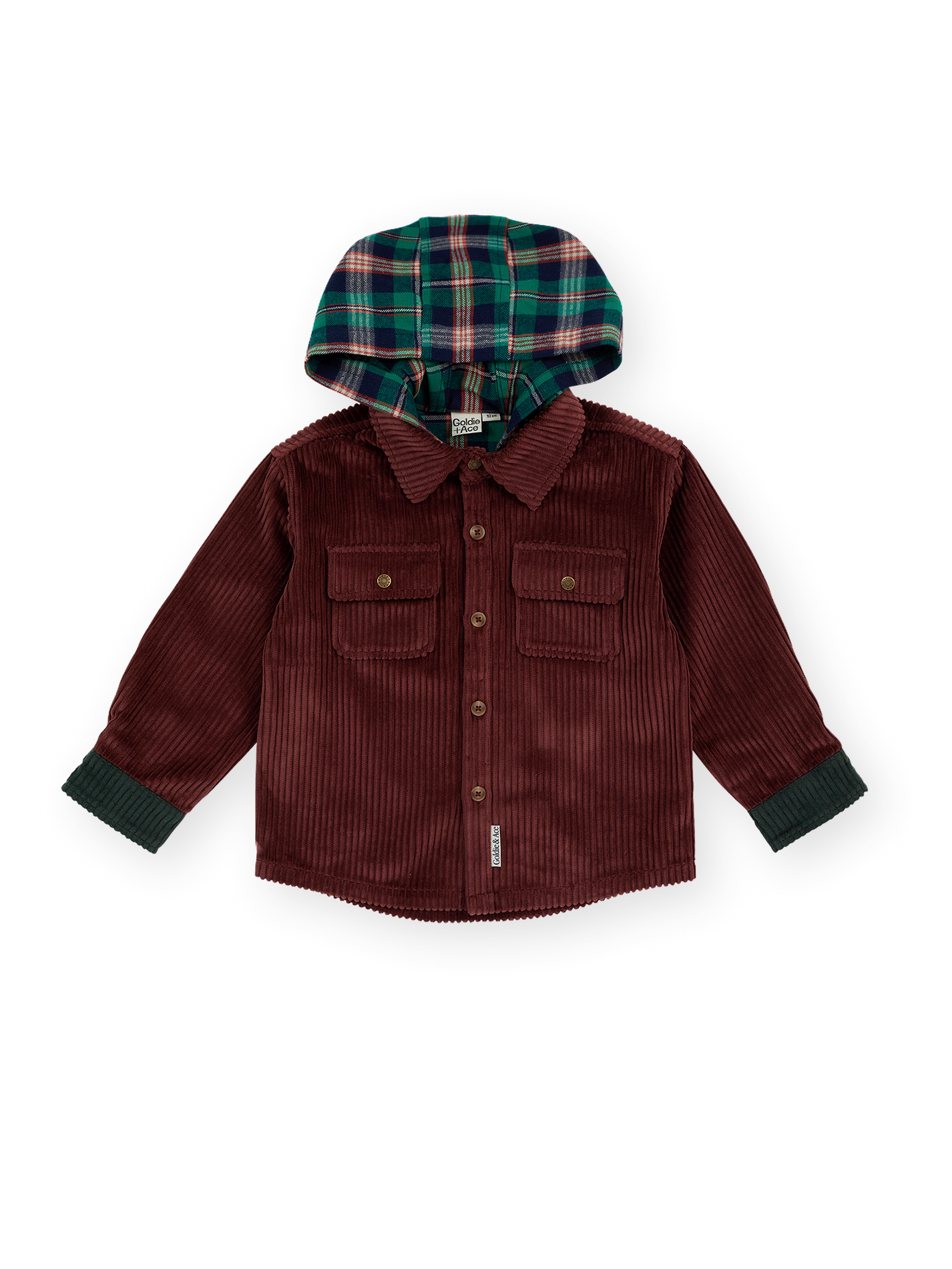 The Goldie + Ace Corduroy Hooded Shirt in Brown pictured on a transparent background. The material is 100% cotton. It is a jacket made for babies, toddlers and kids.