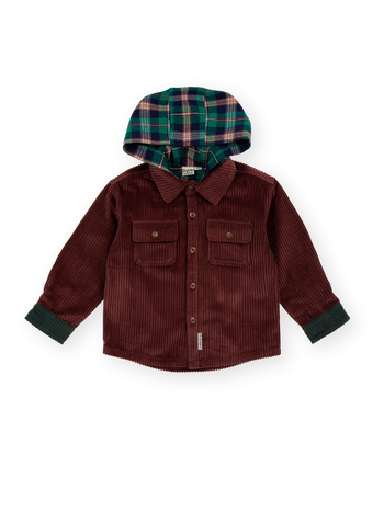 The Goldie + Ace Corduroy Hooded Shirt in Brown pictured on a transparent background. The material is 100% cotton. It is a jacket made for babies, toddlers and kids.