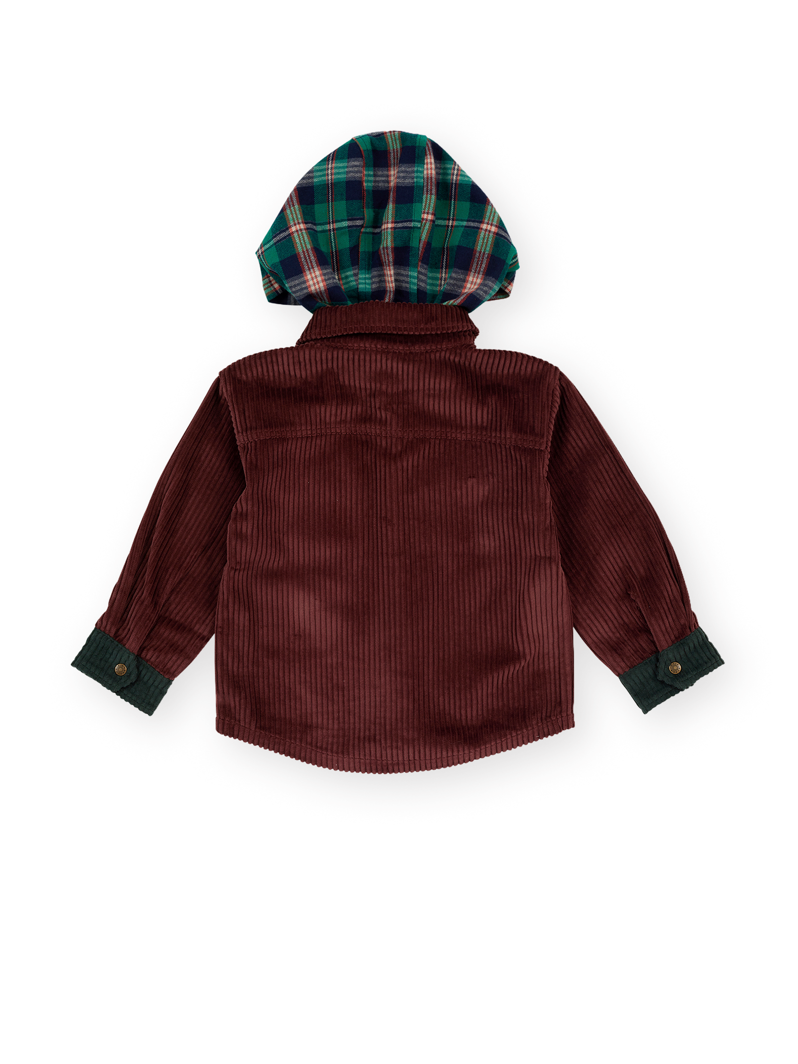 The Goldie + Ace Corduroy Hooded Shirt in Brown pictured on a transparent background. The material is 100% cotton. It is a jacket made for babies, toddlers and kids.