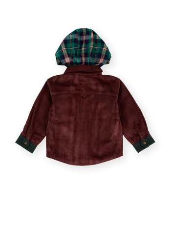 The Goldie + Ace Corduroy Hooded Shirt in Brown pictured on a transparent background. The material is 100% cotton. It is a jacket made for babies, toddlers and kids.
