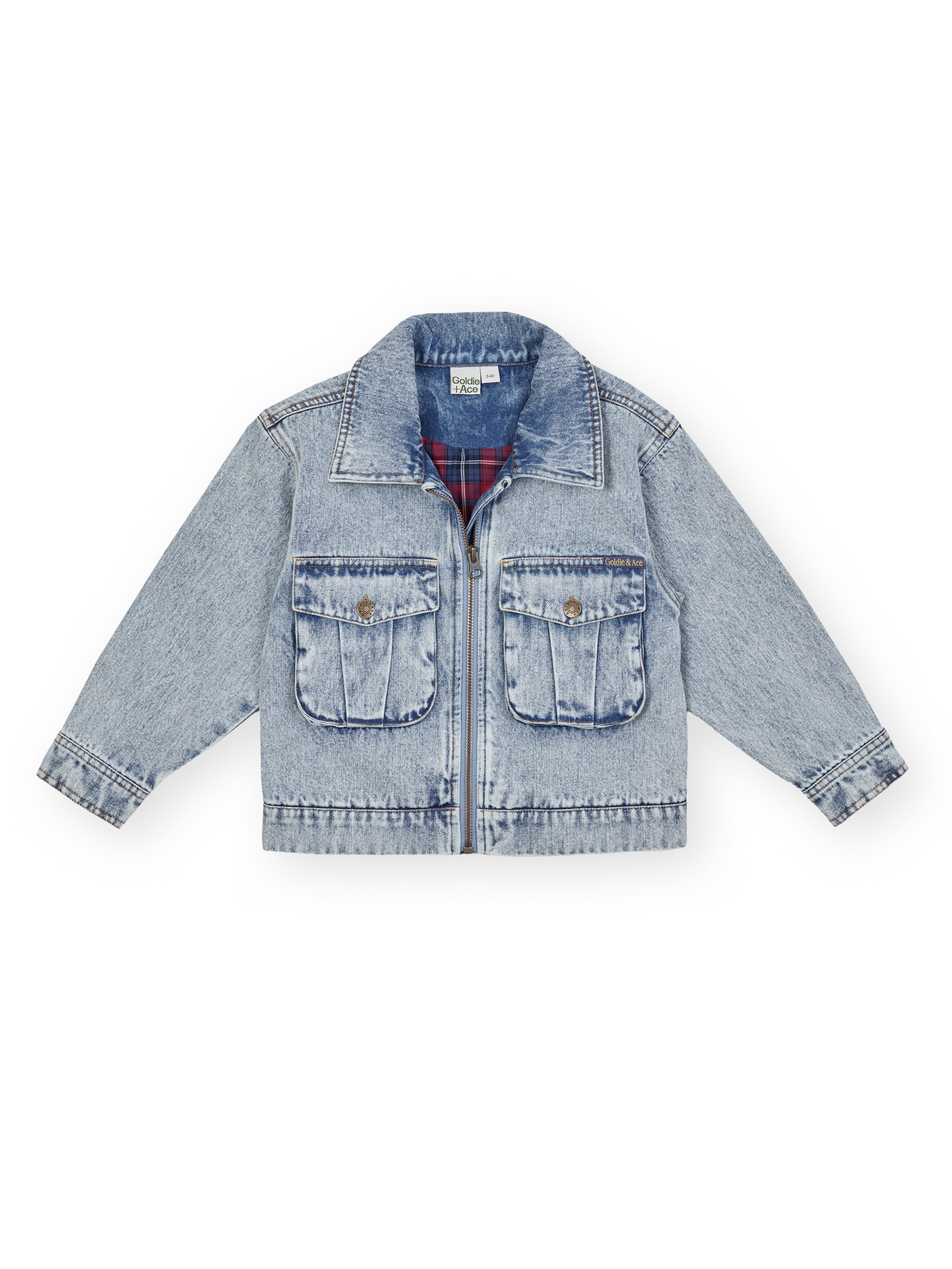 The Goldie + Ace Dustin Denim Jacket in Light Denim pictured on a transparent background. The material is 100% cotton. It is a jacket made for babies, toddlers and kids.