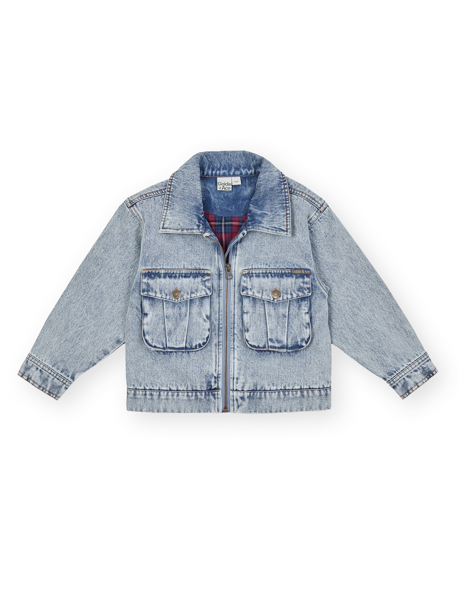 The Goldie + Ace Dustin Denim Jacket in Light Denim pictured on a transparent background. The material is 100% cotton. It is a jacket made for babies, toddlers and kids.
