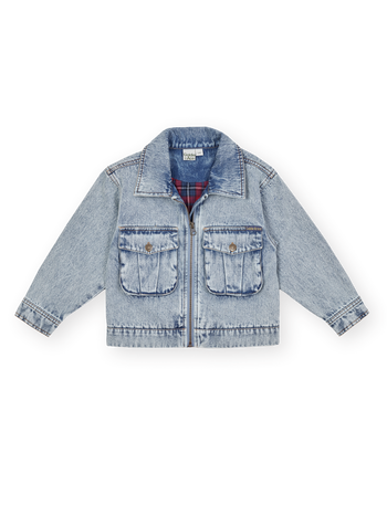 The Goldie + Ace Dustin Denim Jacket in Light Denim pictured on a transparent background. The material is 100% cotton. It is a jacket made for babies, toddlers and kids.