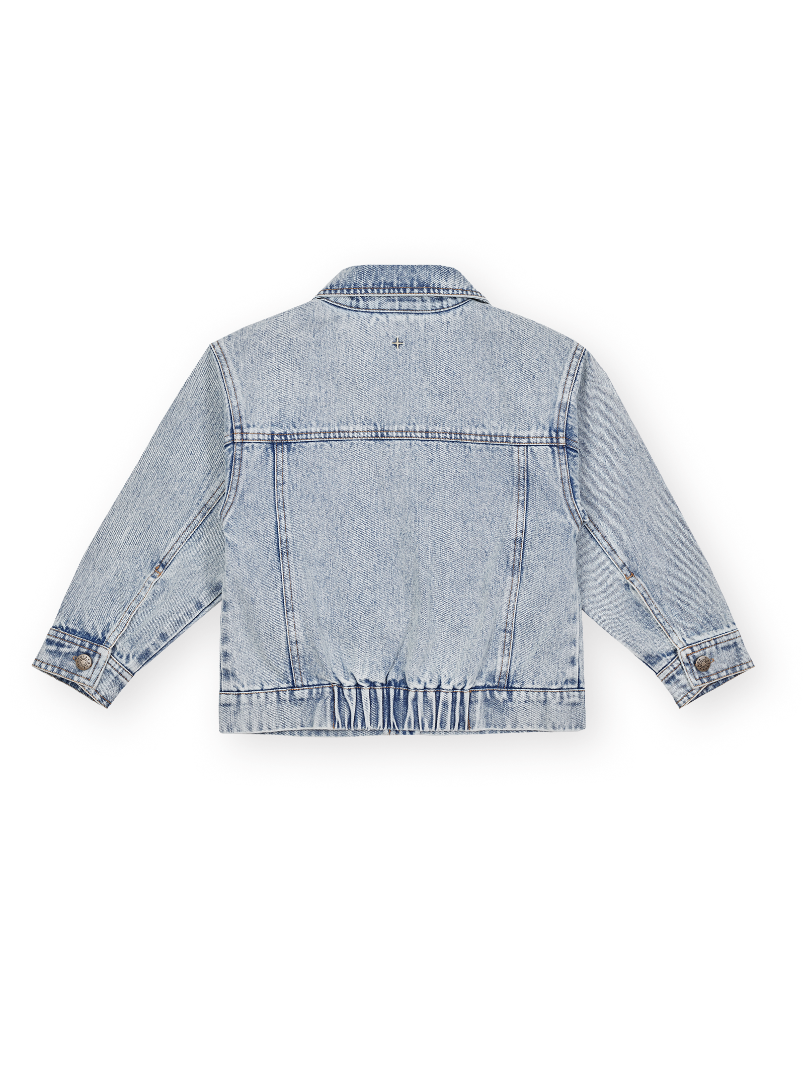 The Goldie + Ace Dustin Denim Jacket in Light Denim pictured on a transparent background. The material is 100% cotton. It is a jacket made for babies, toddlers and kids.