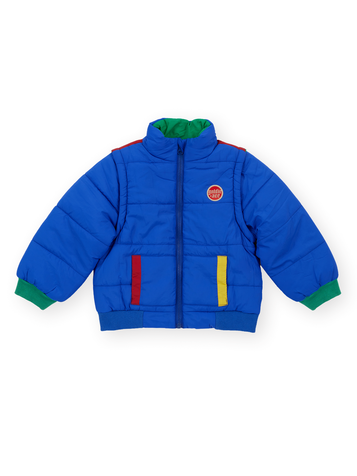 The Goldie + Ace Charlie Sunrise Parka Jacket/Vest in Primary pictured on a transparent background. The material is 100% polyester, filling: 100% polyester. It is a jacket made for babies, toddlers and kids.