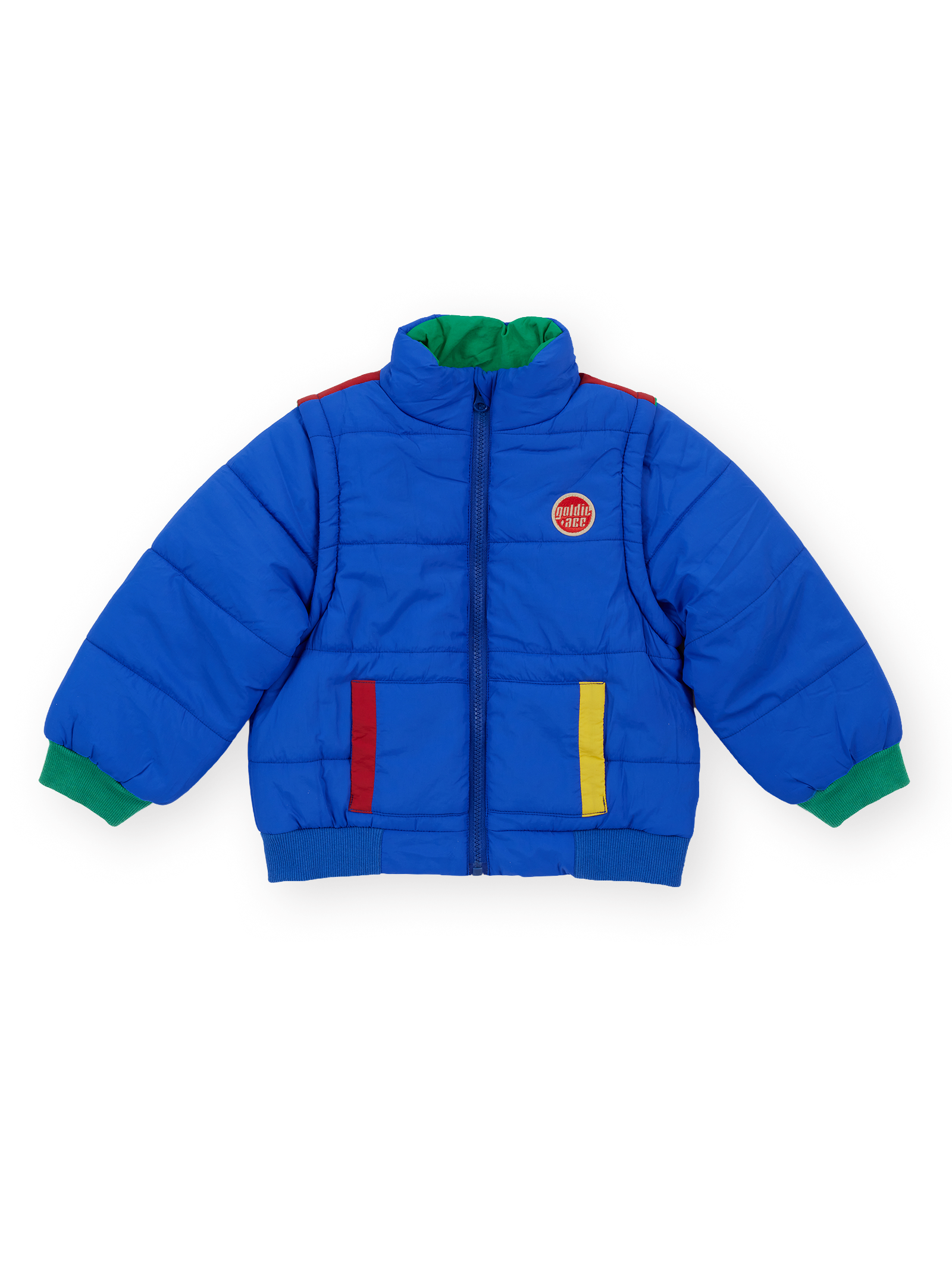 The Goldie + Ace Charlie Sunrise Parka Jacket/Vest in Primary pictured on a transparent background. The material is 100% polyester, filling: 100% polyester. It is a jacket made for babies, toddlers and kids.