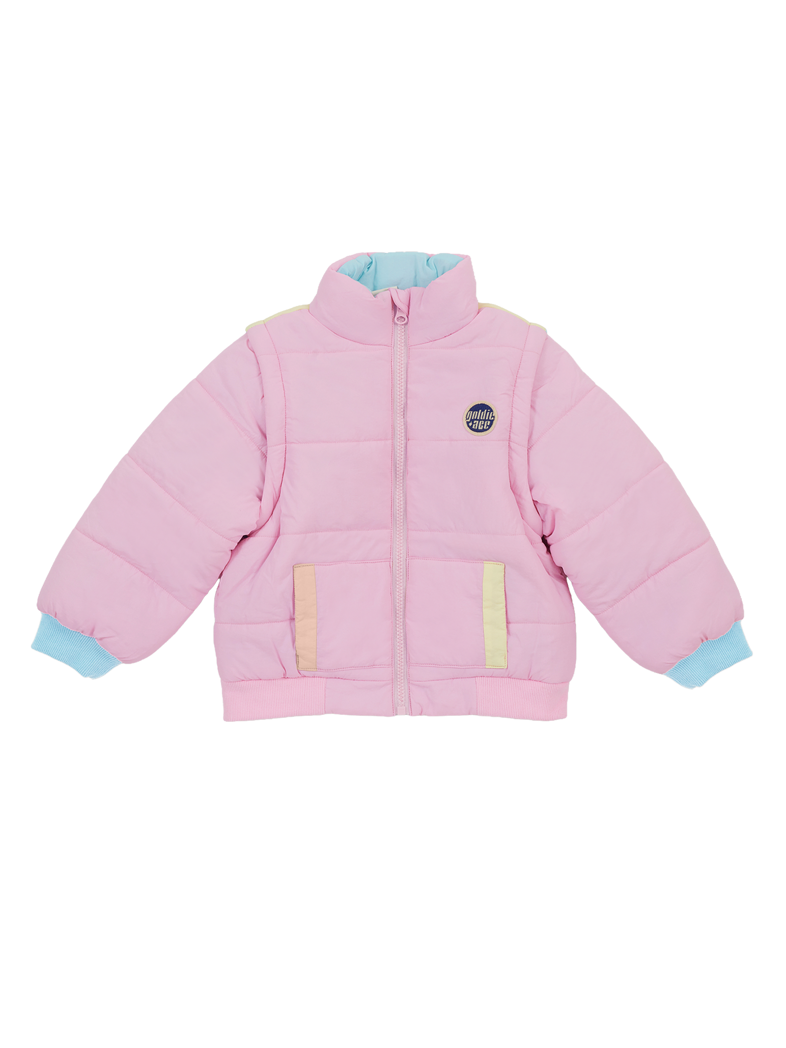 The Goldie + Ace Charlie Sunrise Parka Jacket/Vest in Pastel pictured on a transparent background. The material is 100% polyester, filling: 100% polyester. It is a jacket made for babies, toddlers and kids.