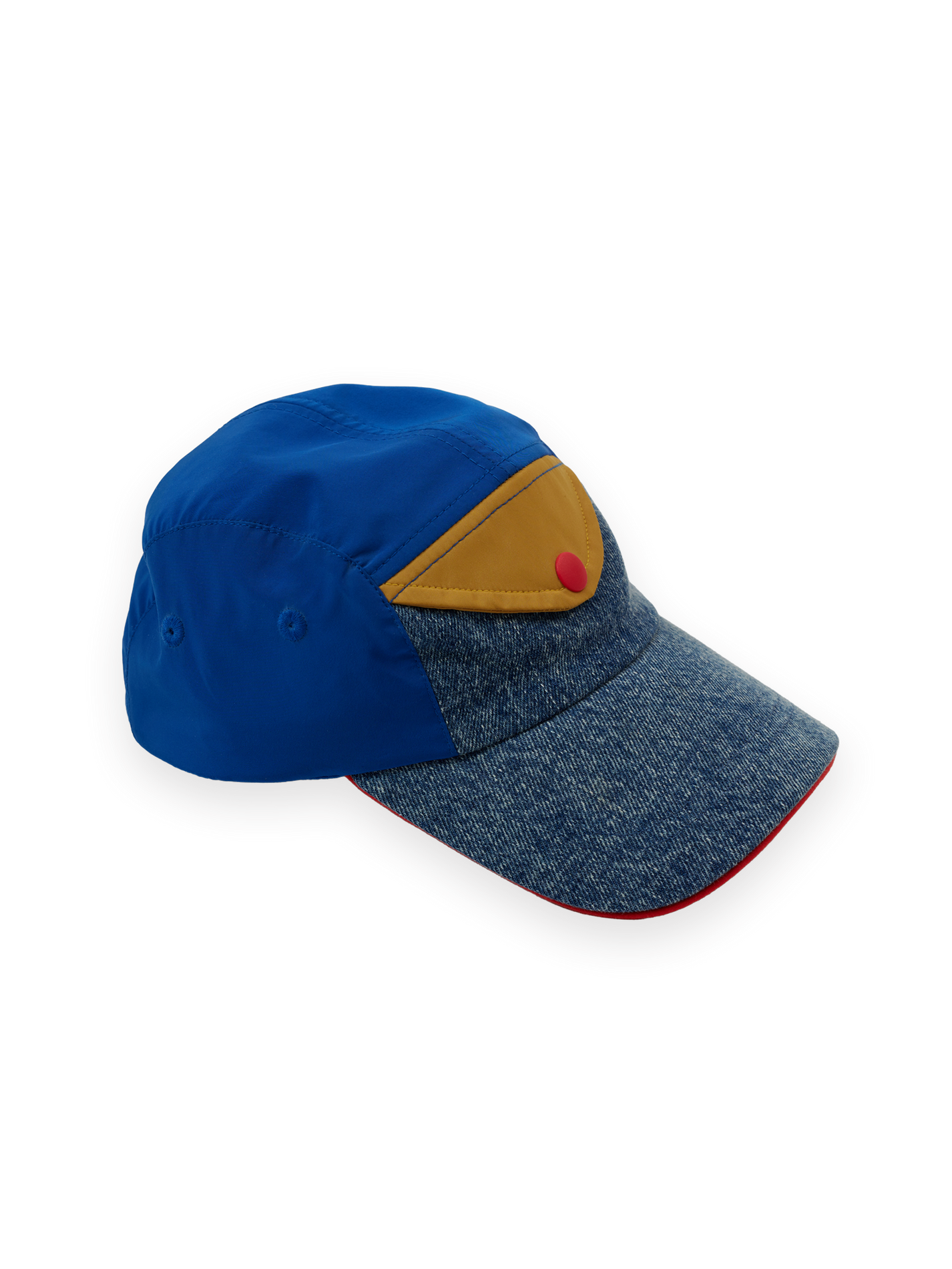 The Goldie + Ace Colour Block Vintage Denim Cap in Dark Denim &amp; Multi pictured on a transparent background. The material is 100% cotton, 100% polyester coloured panels, 100% cotton lining. It is a hat made for babies, toddlers and kids.