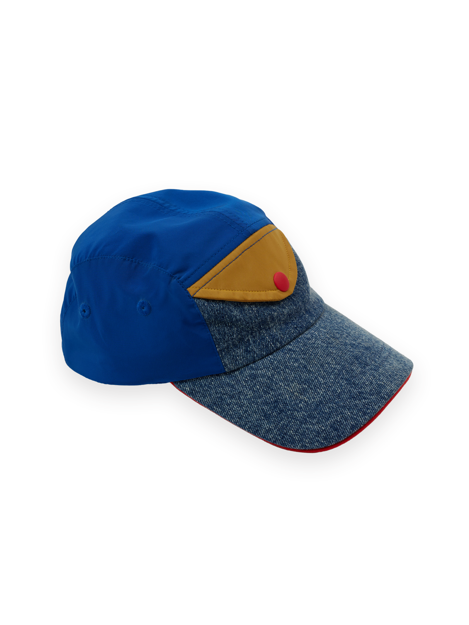 The Goldie + Ace Colour Block Vintage Denim Cap in Dark Denim & Multi pictured on a transparent background. The material is 100% cotton, 100% polyester coloured panels, 100% cotton lining. It is a hat made for babies, toddlers and kids.