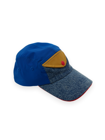 The Goldie + Ace Colour Block Vintage Denim Cap in Dark Denim & Multi pictured on a transparent background. The material is 100% cotton, 100% polyester coloured panels, 100% cotton lining. It is a hat made for babies, toddlers and kids.