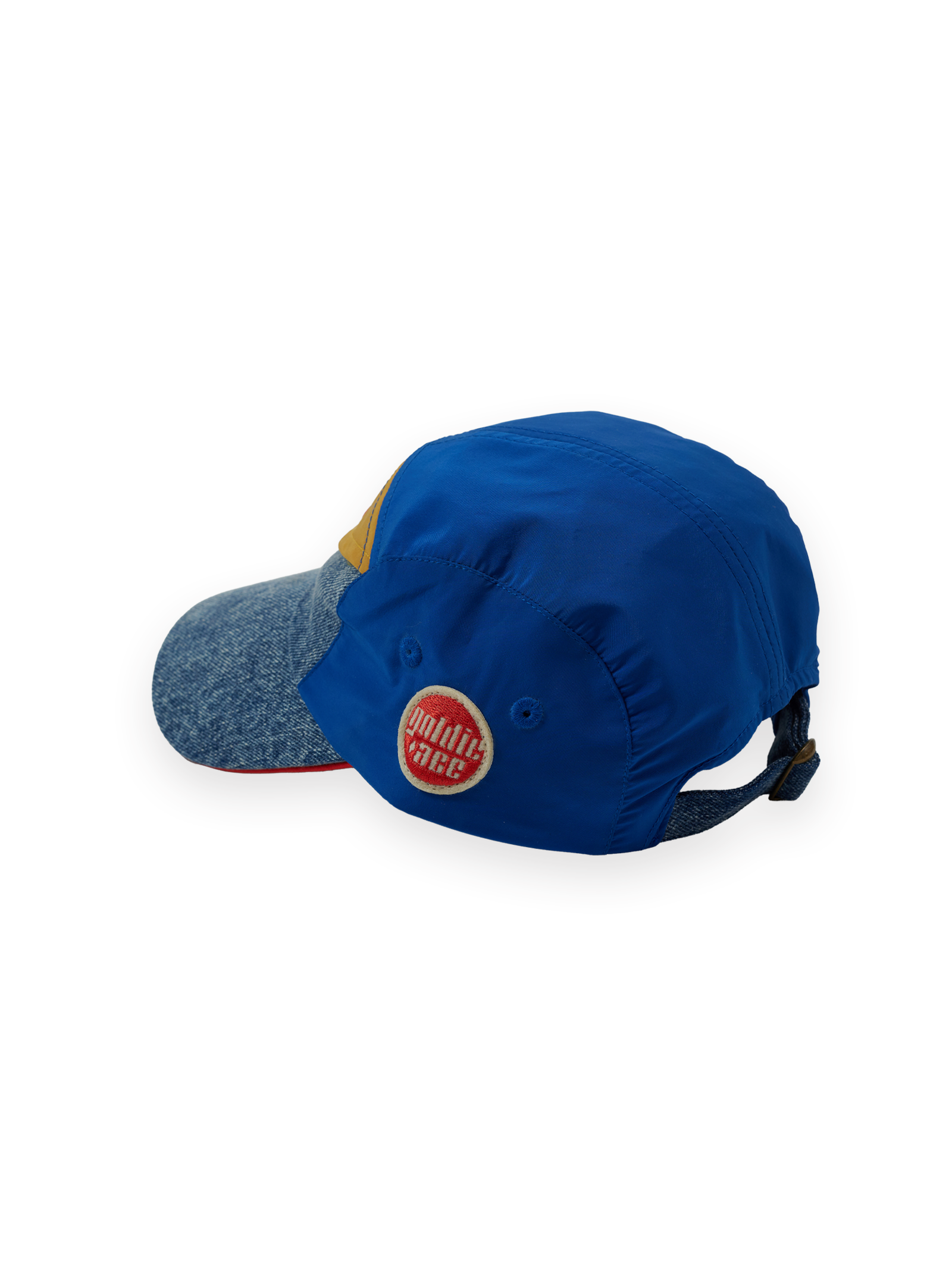 The Goldie + Ace Colour Block Vintage Denim Cap in Dark Denim & Multi pictured on a transparent background. The material is 100% cotton, 100% polyester coloured panels, 100% cotton lining. It is a hat made for babies, toddlers and kids.