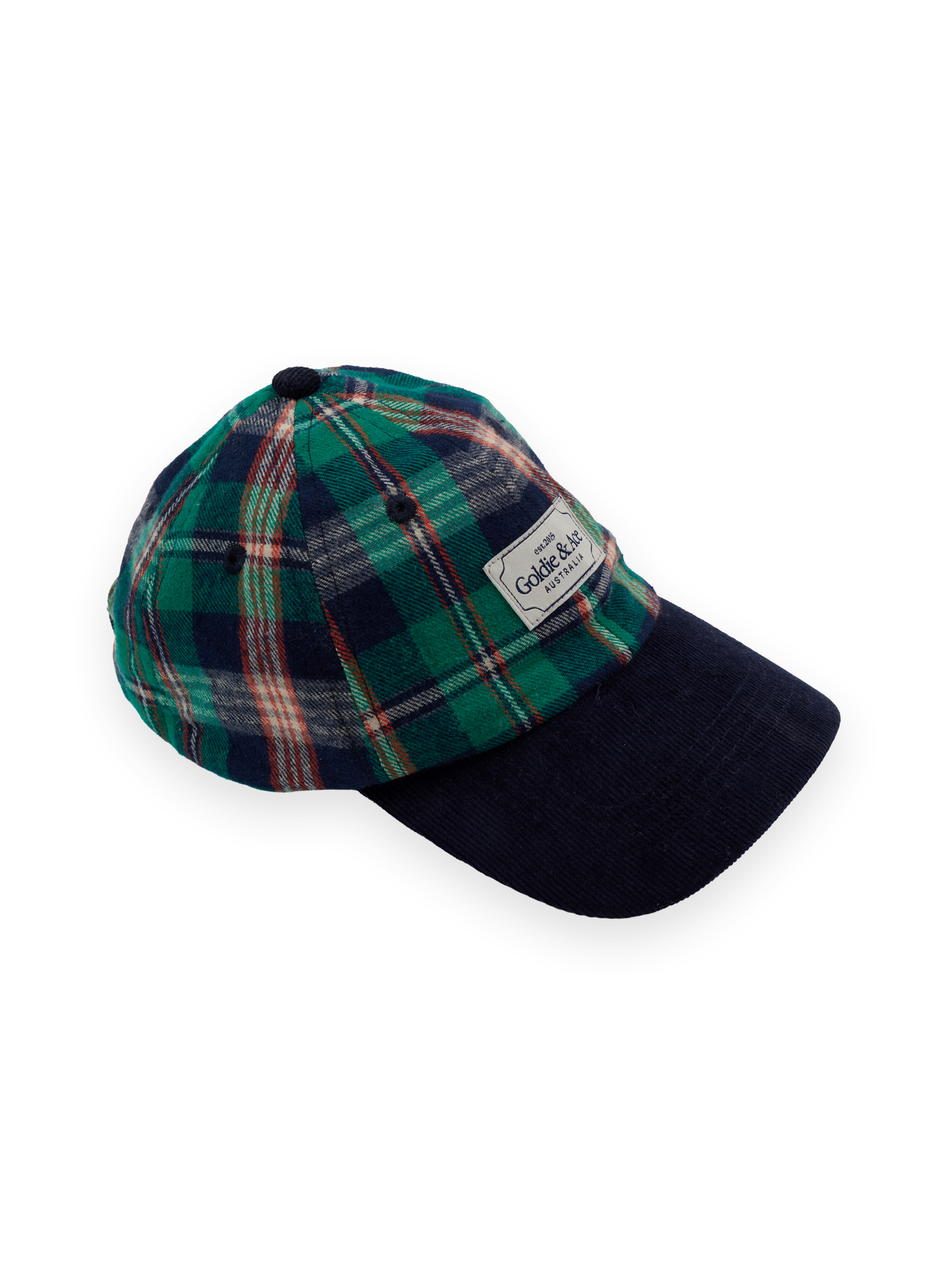 The Goldie + Ace Tate Check Cap in Green Check pictured on a transparent background. The material is 100% cotton with 100% cotton lining. It is a hat made for babies, toddlers and kids.