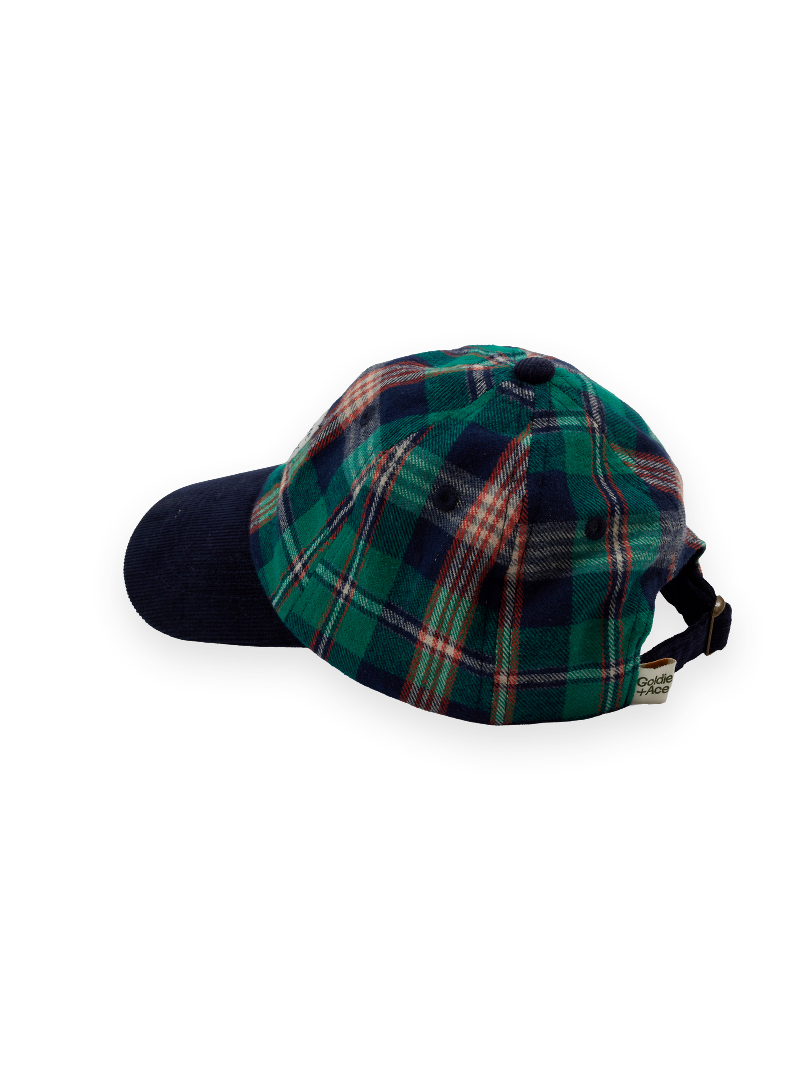 The Goldie + Ace Tate Check Cap in Green Check pictured on a transparent background. The material is 100% cotton with 100% cotton lining. It is a hat made for babies, toddlers and kids.